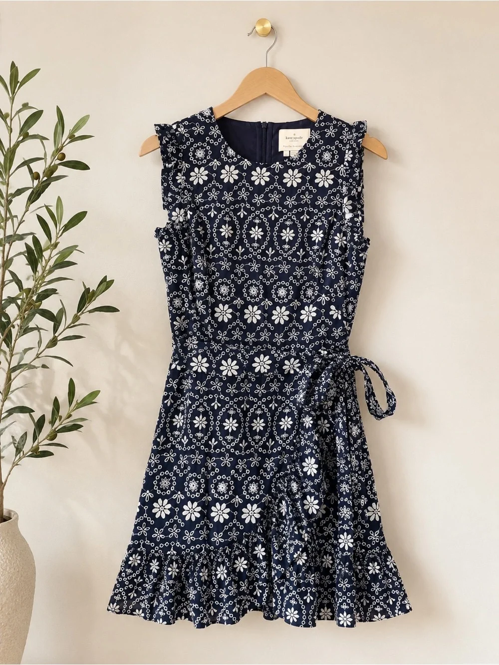 Kate Spade Shore Thing Eyelet Wrap Dress Navy White Cotton Size 0 NWOT